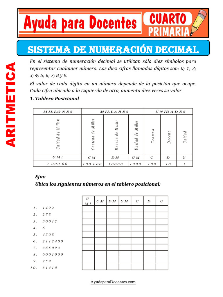 Sistema de Numeracion Decimal para Cuarto de Primaria | PDF | Decimal ...