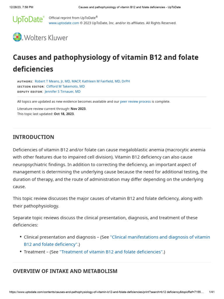 Causes and Pathophysiology of Vitamin B12 and Folate Deficiencies ...