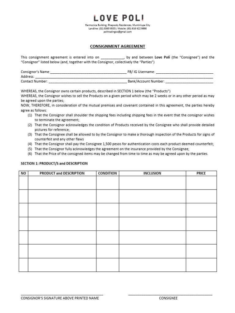 Consignment Agreement Template for Products | PDF