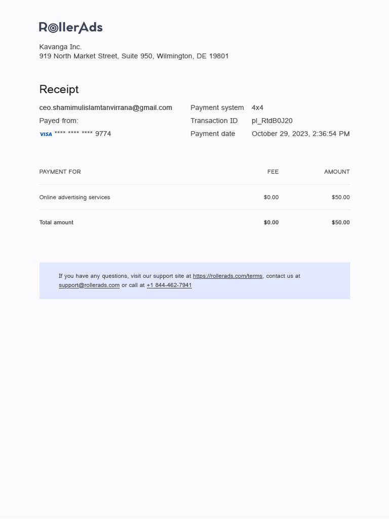 Kavanga Inc. Payment Receipt Details | PDF