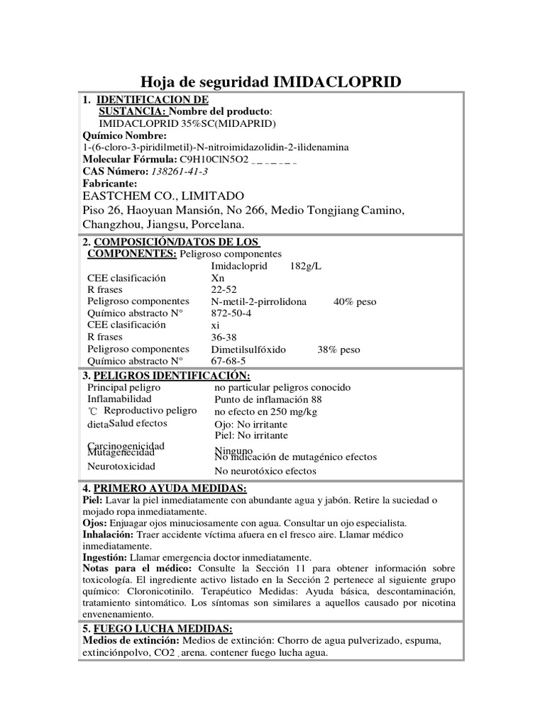 Hoja de Seguridad de Imidacloprid 35% SC | PDF | Agua | Residuos