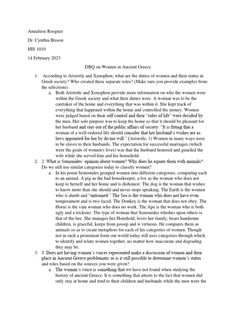 Ancinet Women in Greece DBQ Annaliese Roegner | PDF