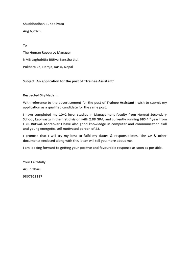 Application for Trainee Assistant Position | PDF