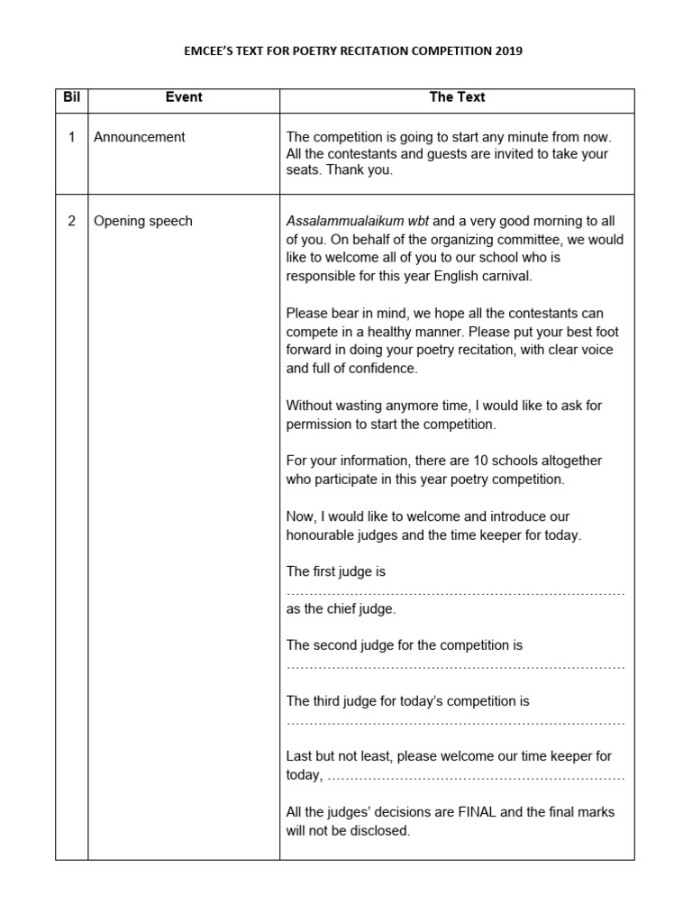 Emcee Script for Poetry Competition 2019 | PDF | Poetry