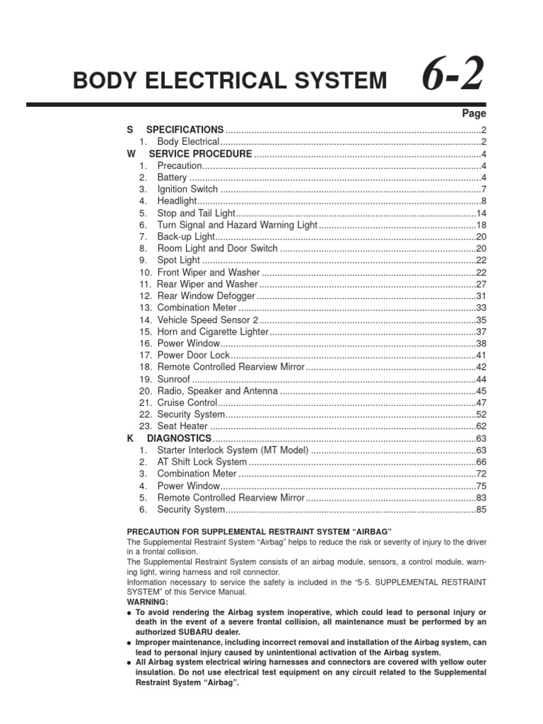 Body Electrical System | PDF | Trunk (Car) | Airbag