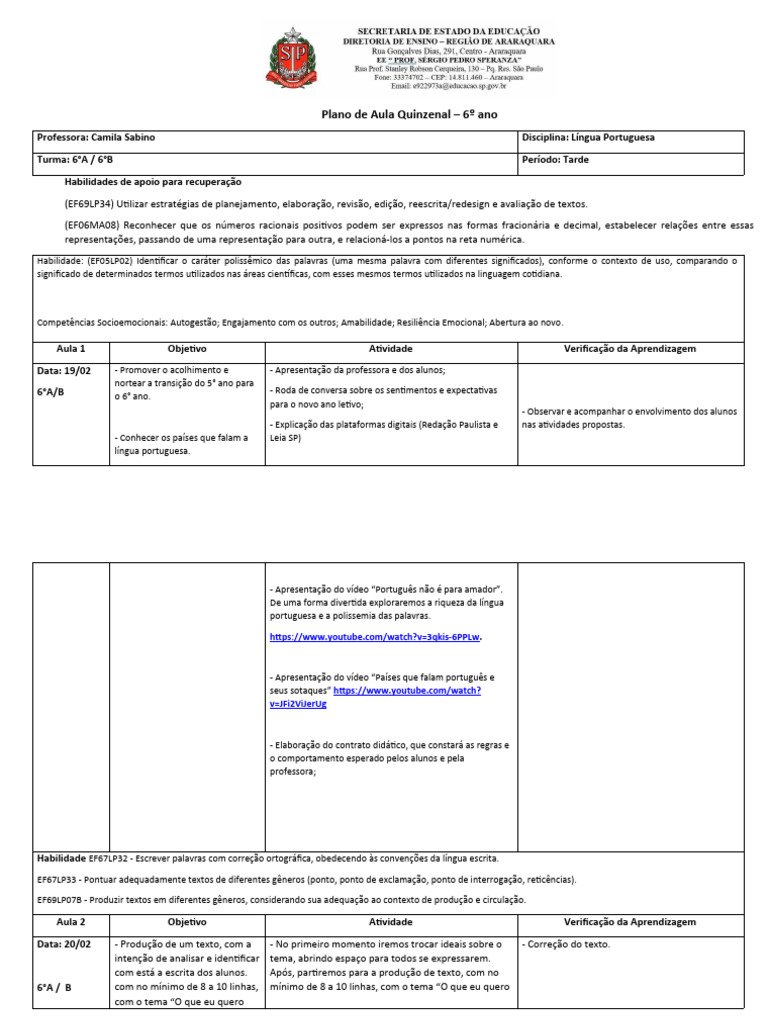 Plano de Aula Língua Portuguesa - 6º Ano | PDF | Sílaba | Aprendizado