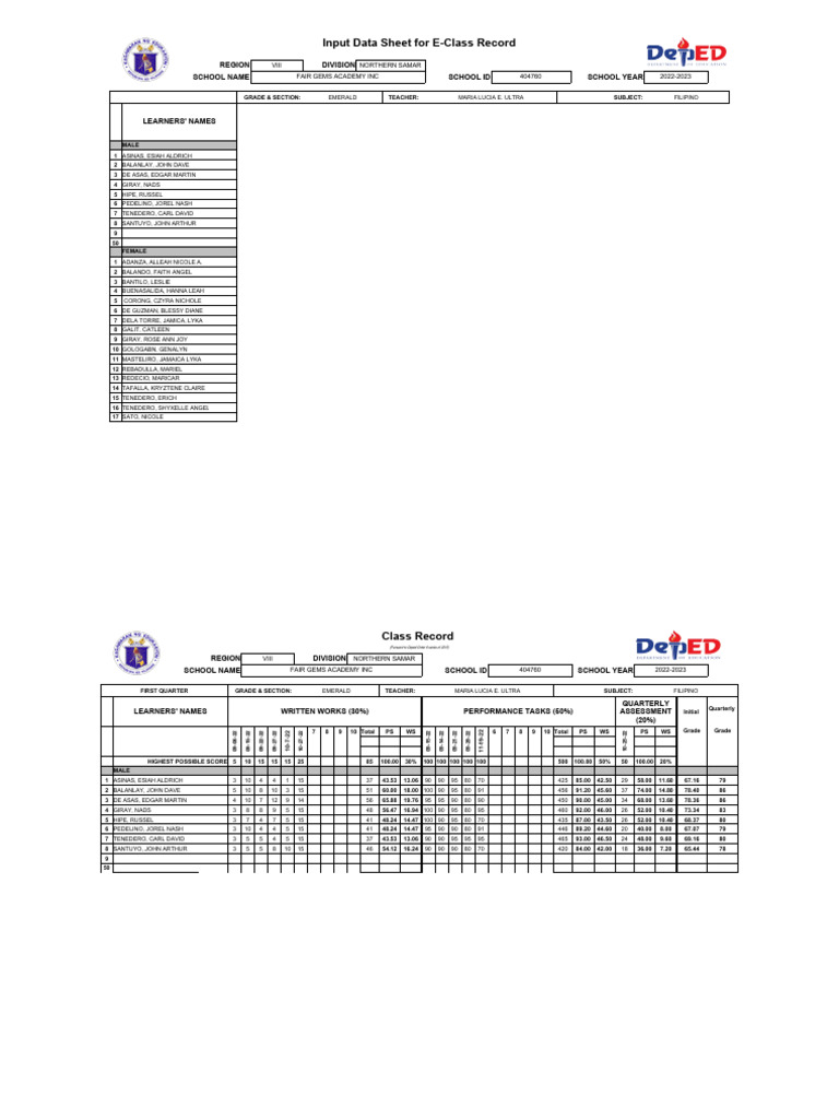 Input data sheet for e class record region division school name school