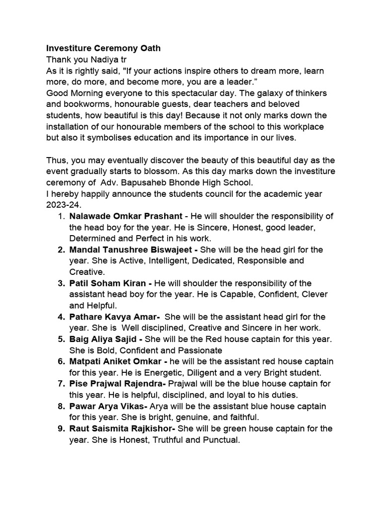 Investiture Ceremony Oath for Students | PDF | Sports & Recreation ...