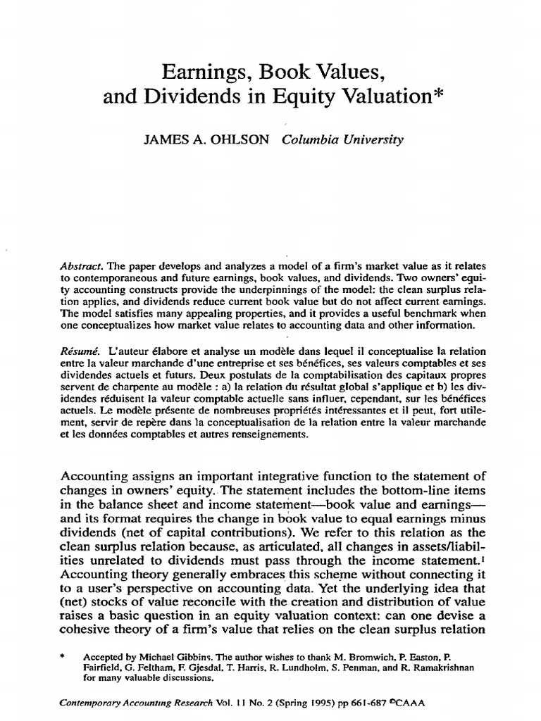 Ohlson's Model of Equity Valuation | PDF | Valuation (Finance) | Book Value