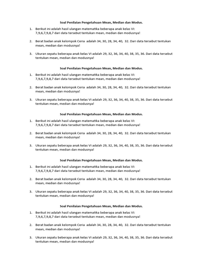 Soal Mean, Median, dan Modus Kelas VI | PDF | Karier & Perkembangan ...