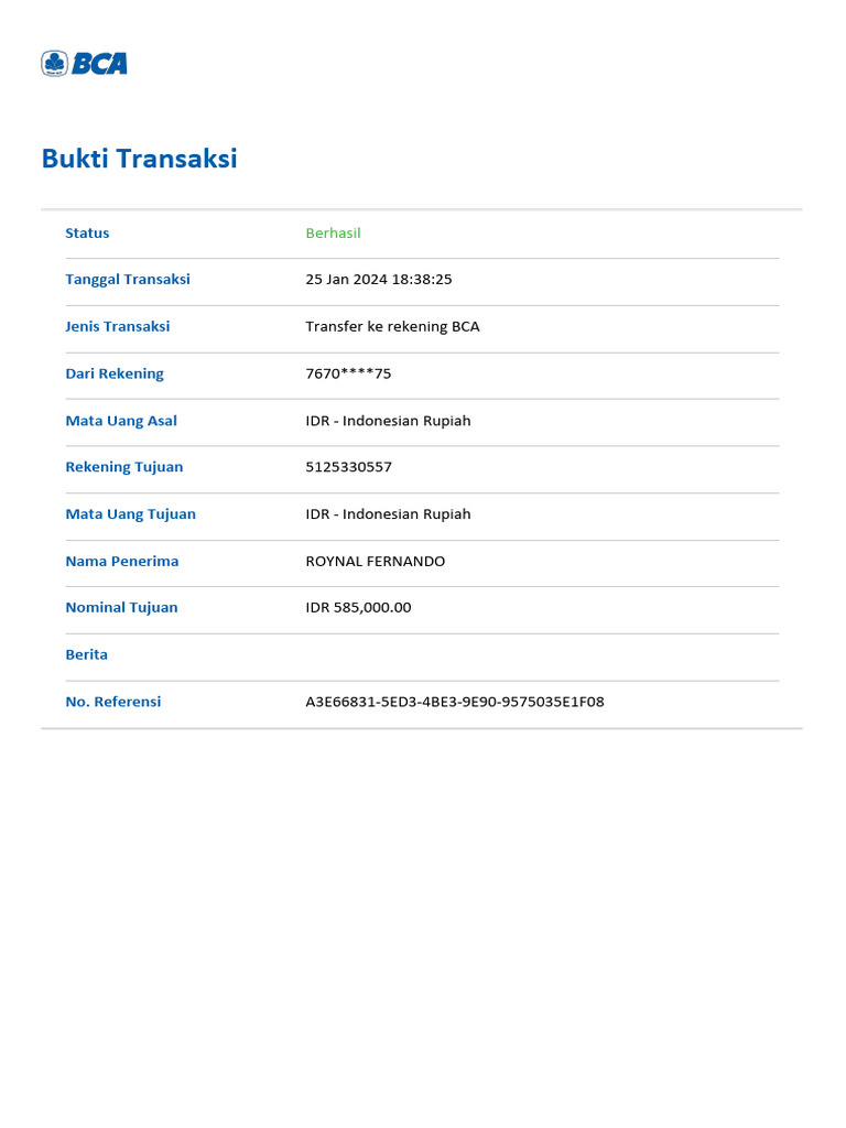 Bukti Transfer MyBCA 25 Jan 2024 | PDF | Bisnis