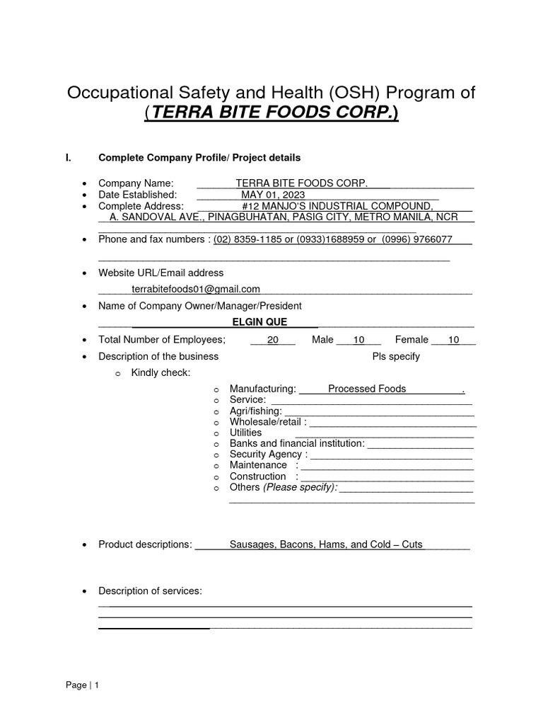 OSH Program Template for Terra Bite Foods | PDF | Occupational Safety ...