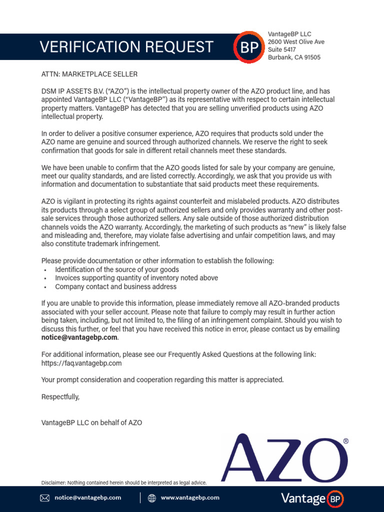 AZO Product Verification Request Notice | PDF | Trademark | Business Law