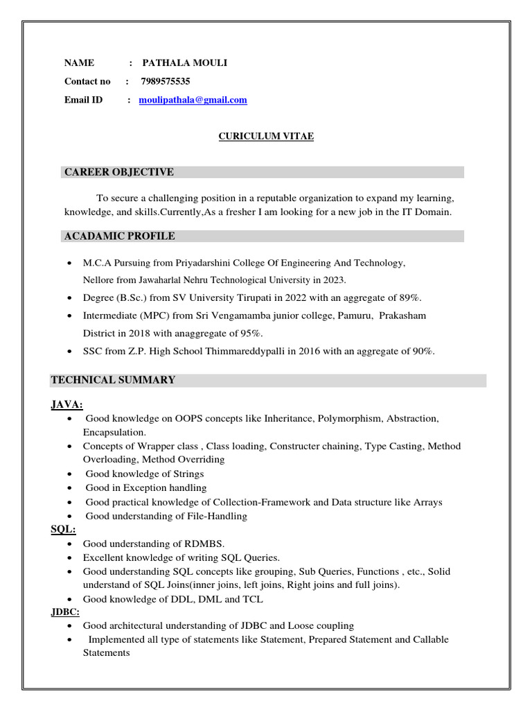 IT Fresher Resume of Pathala Mouli | PDF | Computer Science | Software ...
