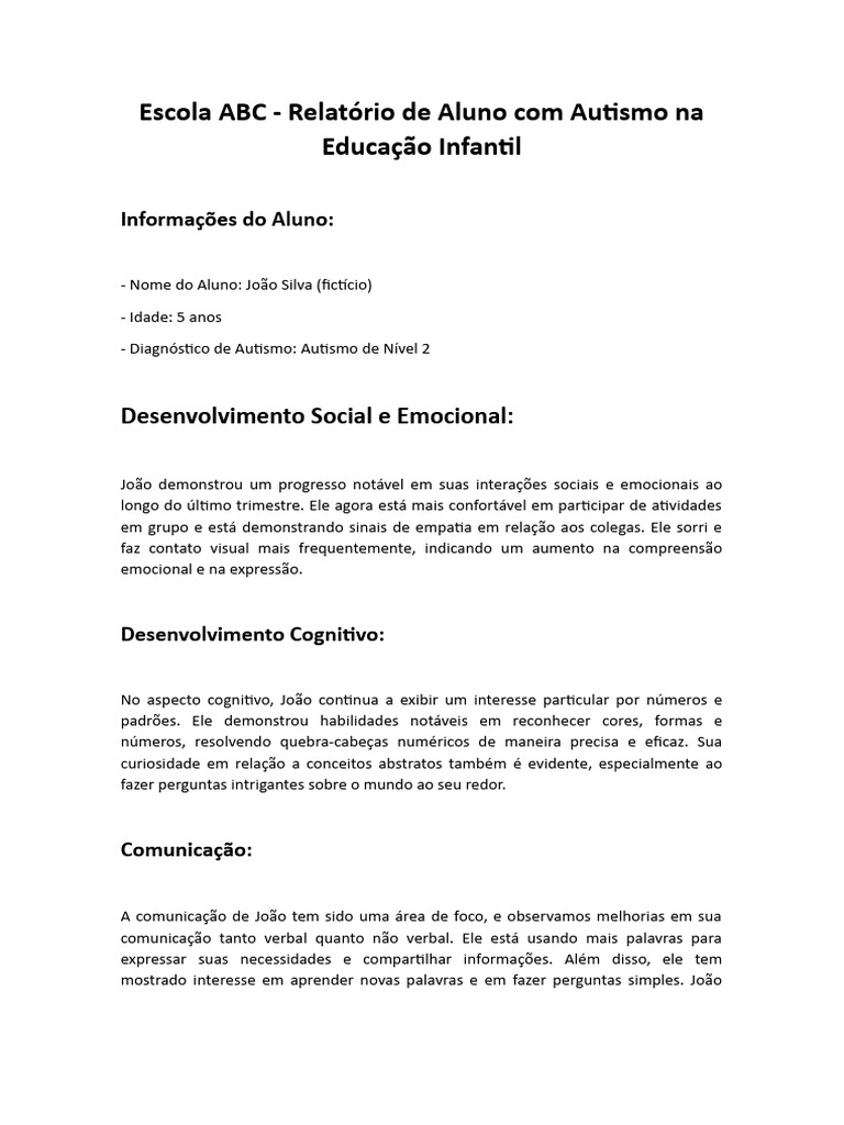 Relatorio de Aluno Com Autismo Na Educacao Infantil | PDF | Comunicação ...