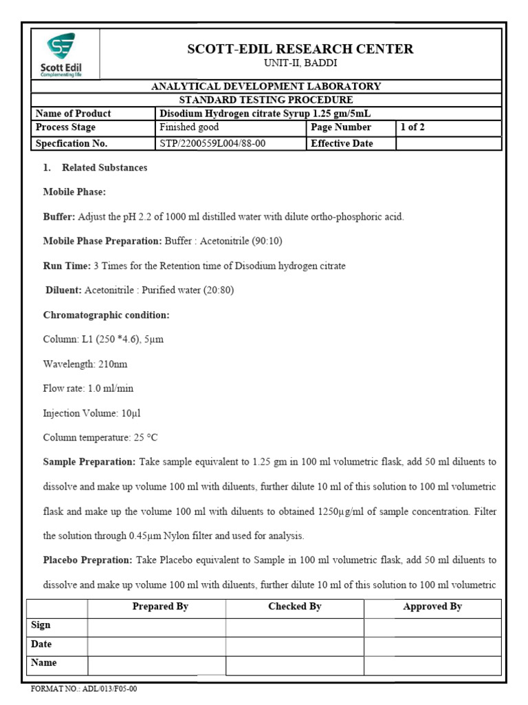 Disodium Hydrogen Citrate PDF Chromatography Buffer Solution