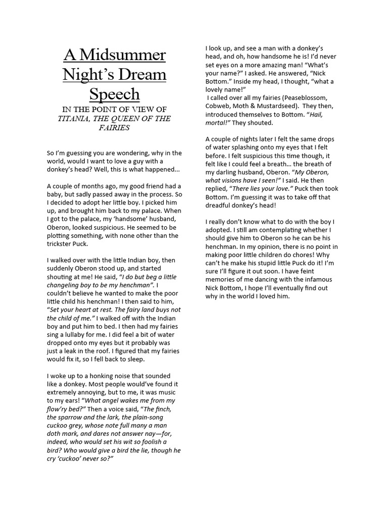A Midsummer Night's Dream Speech POV of Titania | PDF | A Midsummer Night's  Dream | Fairies, image size:768x1024