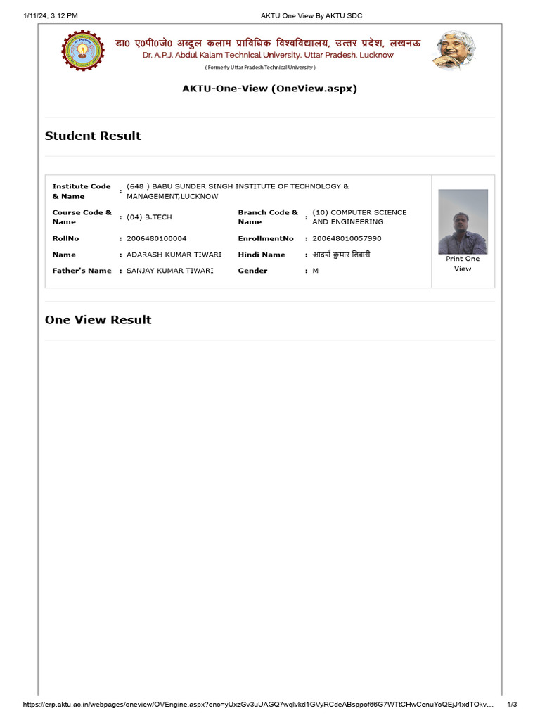 Student Results for AKTU B.Tech CSE | PDF | Engineering | Science