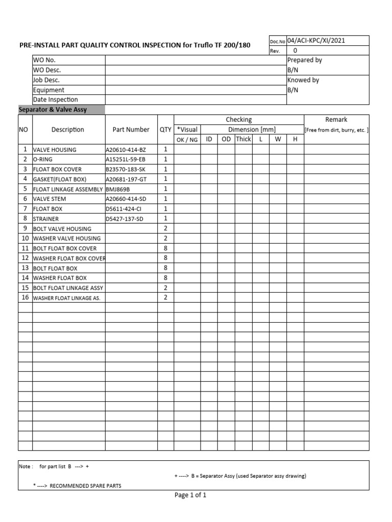 Truflo TF 200/180 QC Inspection Report | PDF | Washer (Hardware) | Tools