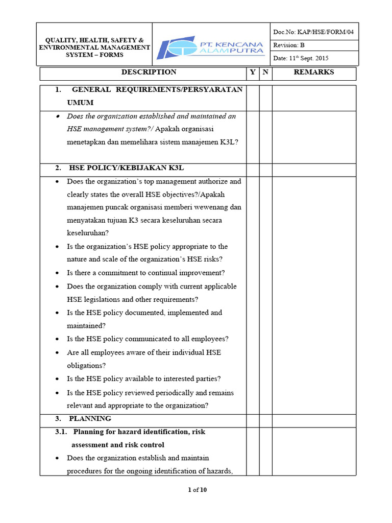 KAP HSE Management System Forms | PDF | Risk | Audit