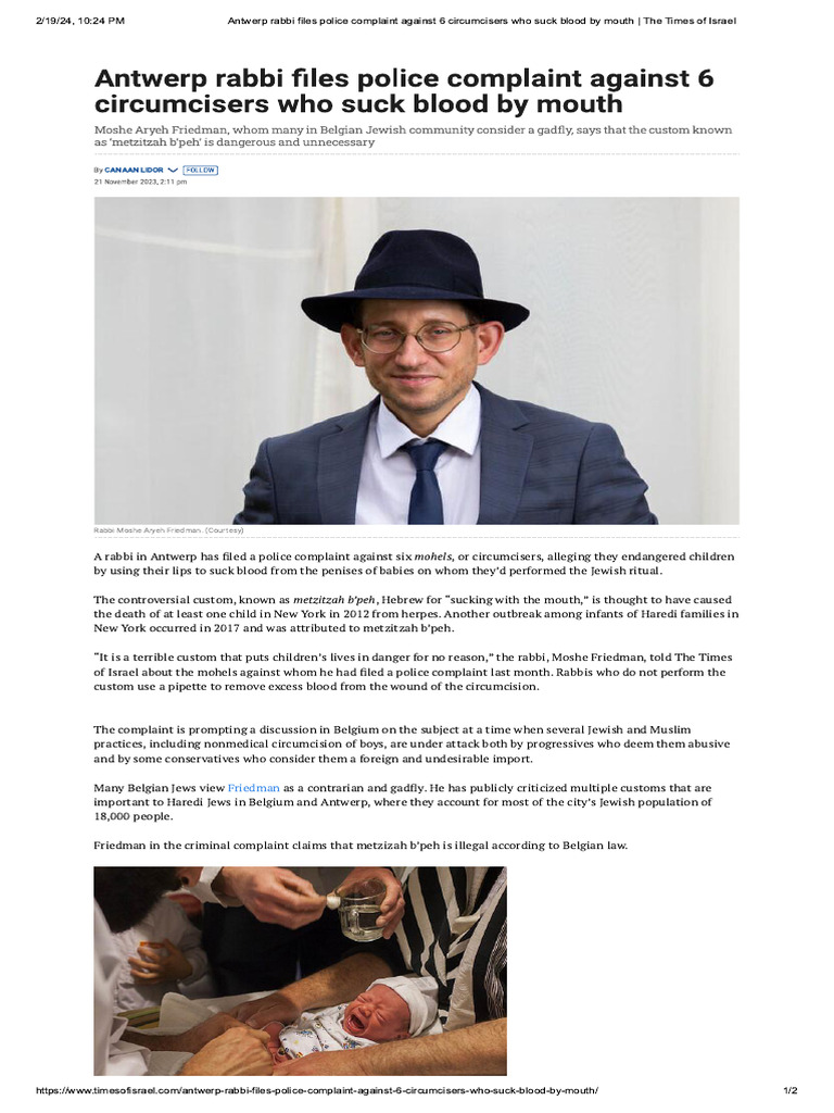 Antwerp Rabbi Files Police Complaint Against Metzitzah B'peh PDF