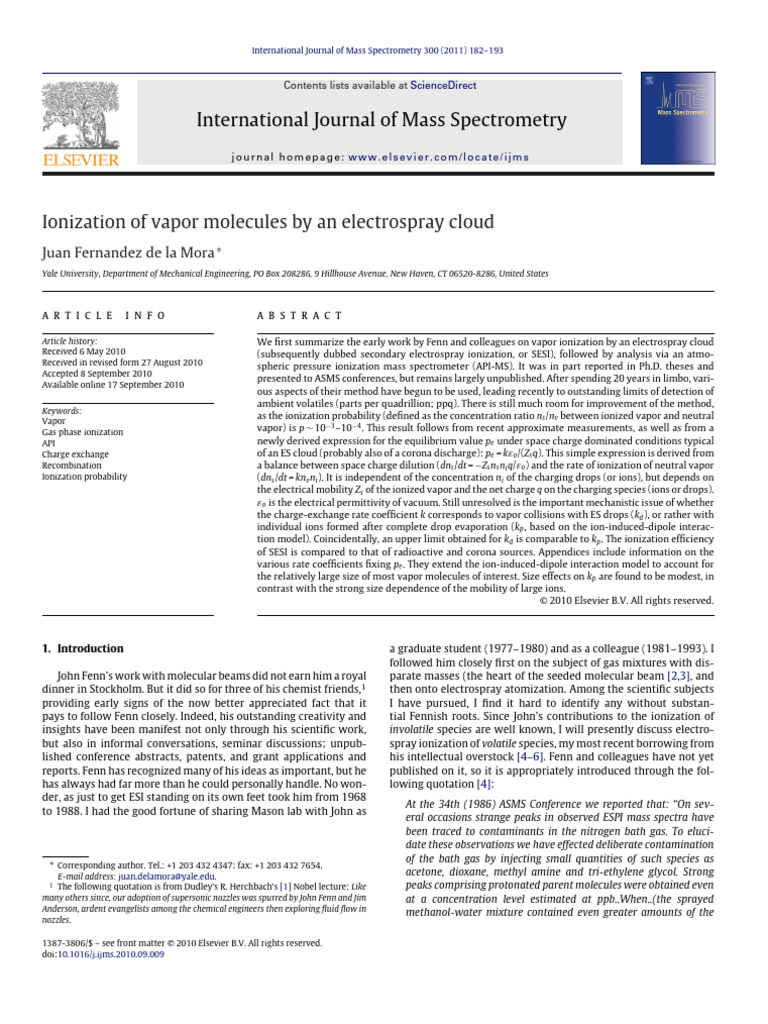 Electrospray Ionization of Vapor Molecules | PDF | Mass Spectrometry ...
