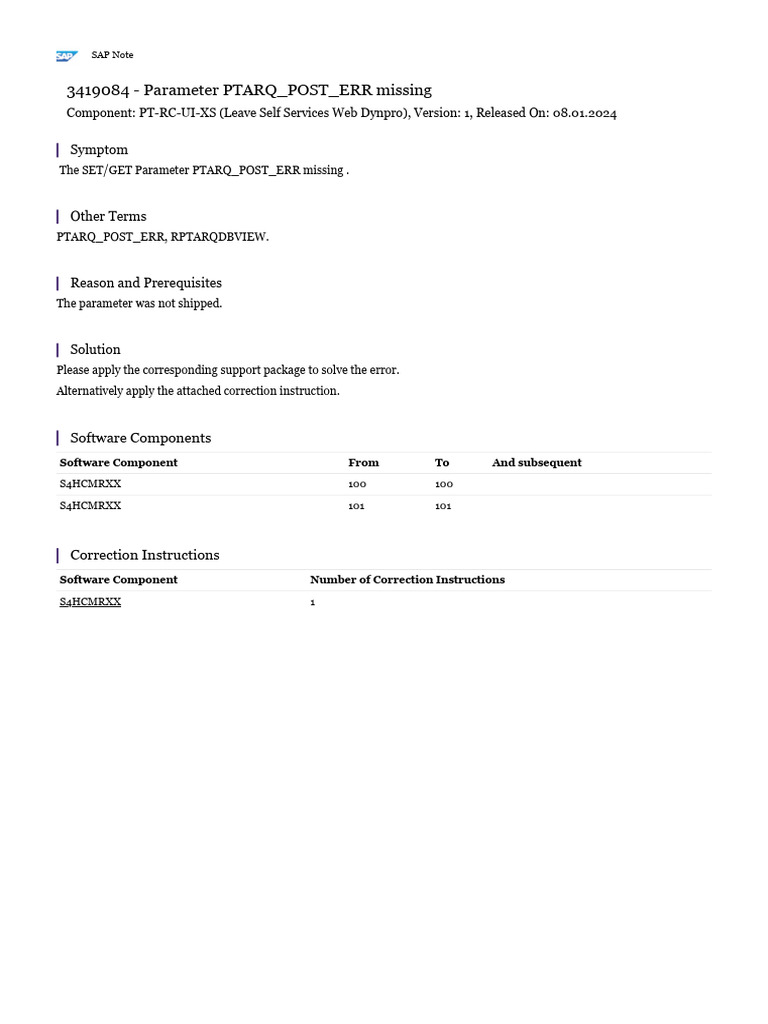 Missing PTARQ_POST_ERR Parameter Fix | PDF
