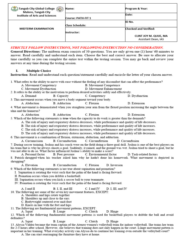 Pathfit 1 tq midterm examination pdf anatomical terms of motion