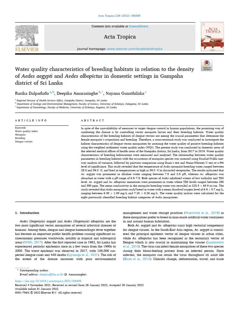 1 s2.0 S0001706X22000389 Main 2 | PDF | Mosquito | Water Quality