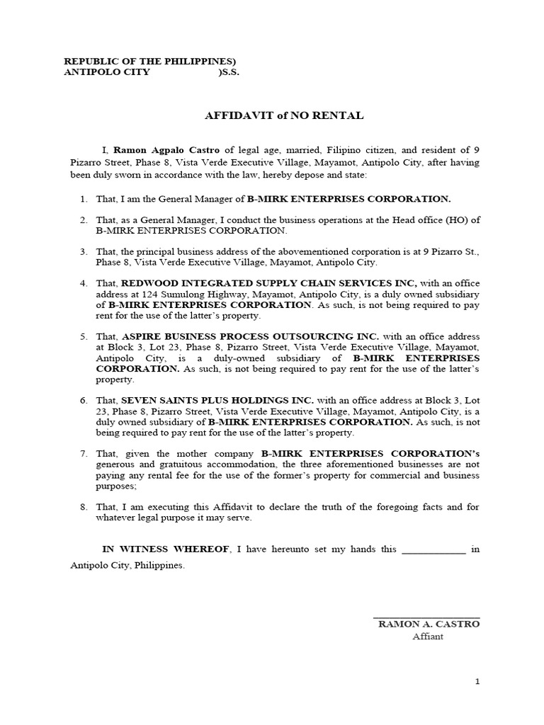 Affidavit of No Rental | PDF | Affidavit | Legal Documents