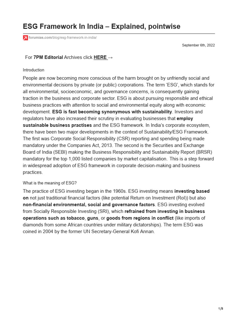 Forumias ESG Framework In India Explained Pointwise PDF 