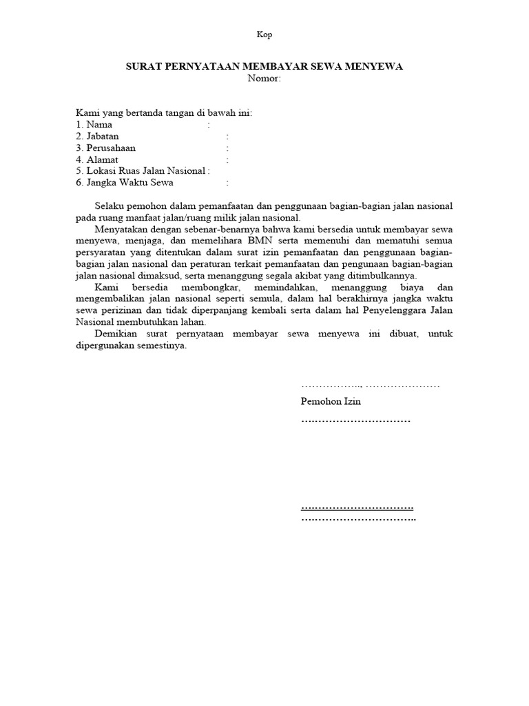 Surat Pernyataan Sewa Jalan Nasional | PDF