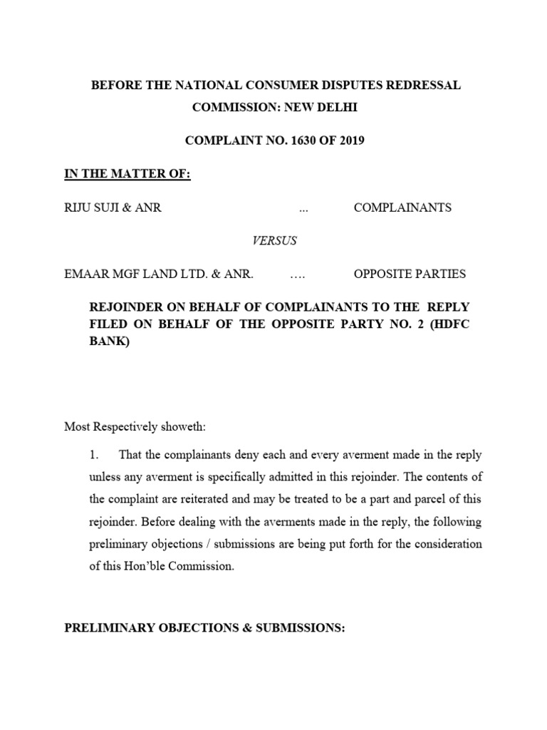 Rejoinder in Consumer Dispute Case | PDF