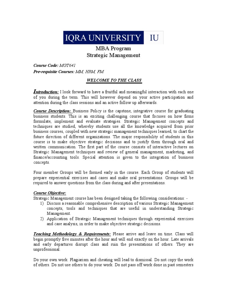 MBA Strategic Management Course Overview | PDF | Strategic Management ...