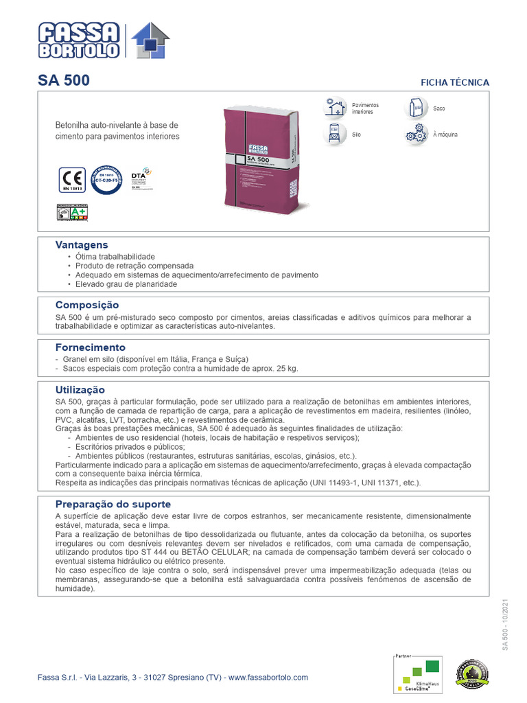Ficha Técnica - Betonilha Auto-Nivelante À Base de Cimento Fassa SA 500 ...
