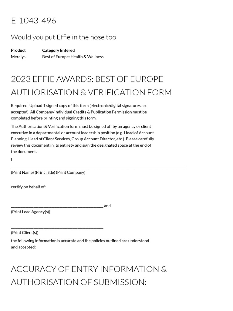 Entrant records authorisation verification form e 1043 496 2