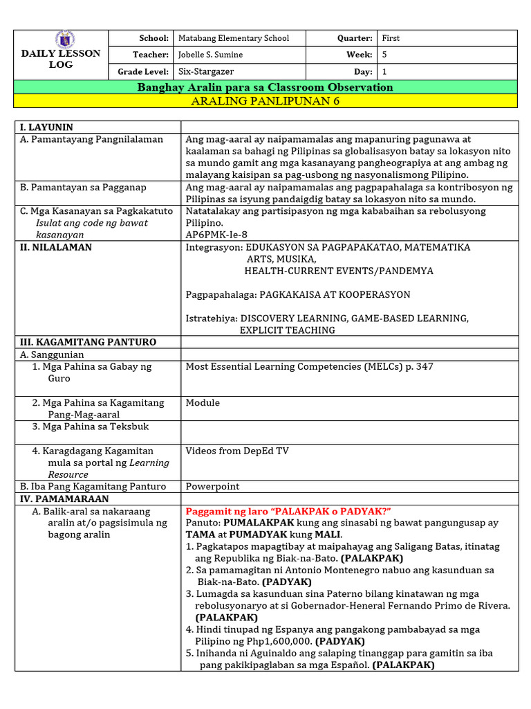 Co lesson plan arpan 6 quarter 1 pdf