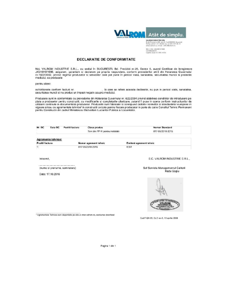 DECLARATIE CONFORMITATE PP-R | PDF