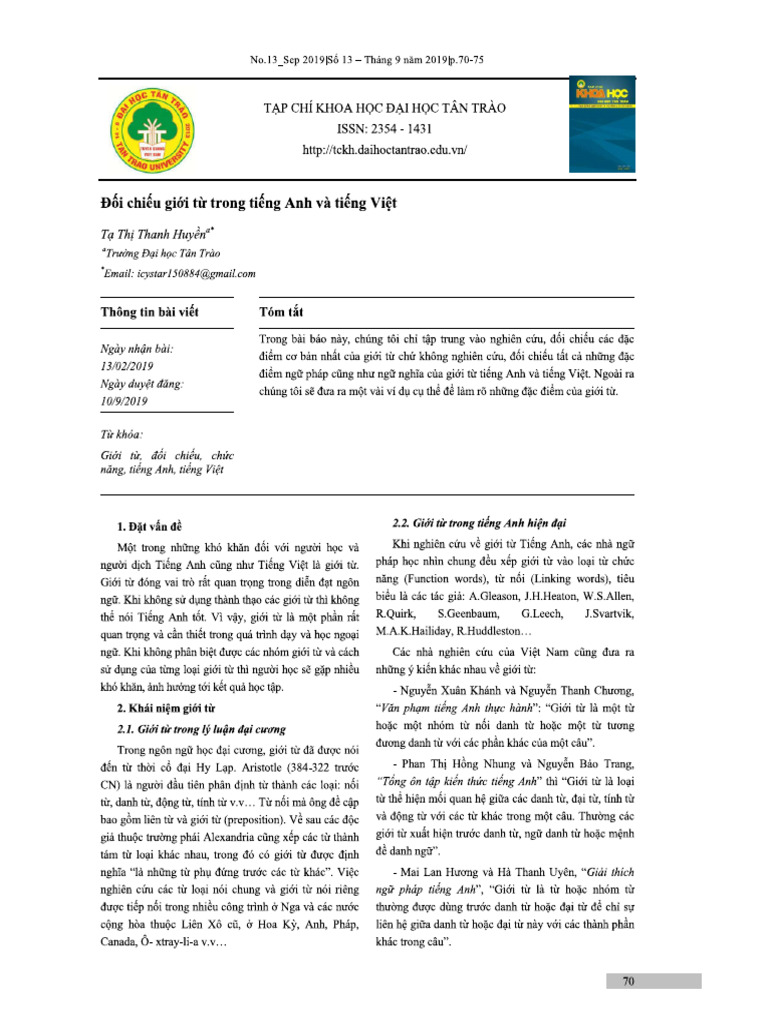 Contrastive Analysis Between English and Vietnamese Prepositions | PDF