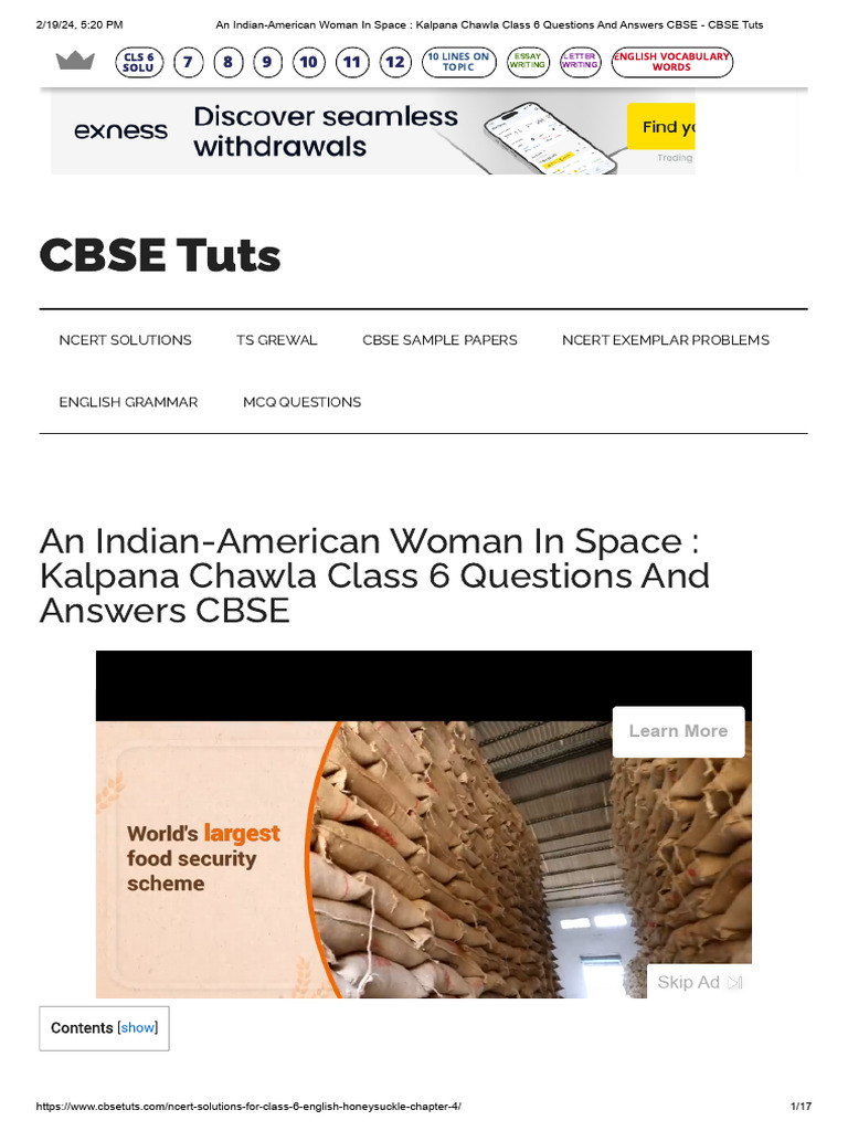 An Indian-American Woman in Space - Kalpana Chawla Class 6 Questions ...