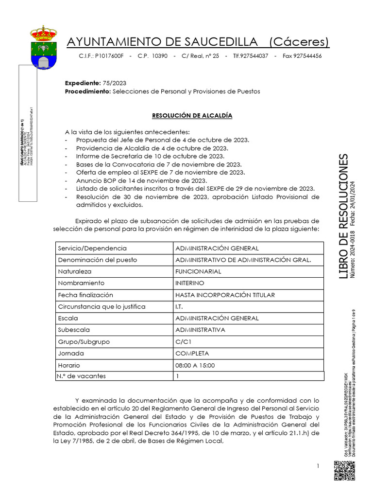 Resolución LIBRO DE RESOLUCIONES 20240018 (LISTADO DEFINITIVO