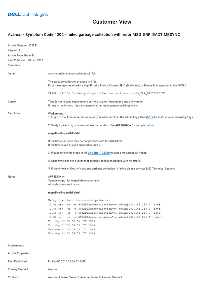 Avamar - Symptom Code 4202 - Failed Garbage Collection With Error MSG - ERR  - BADTIMESYNC - Dell US | PDF | Secure Shell | Computer Architecture