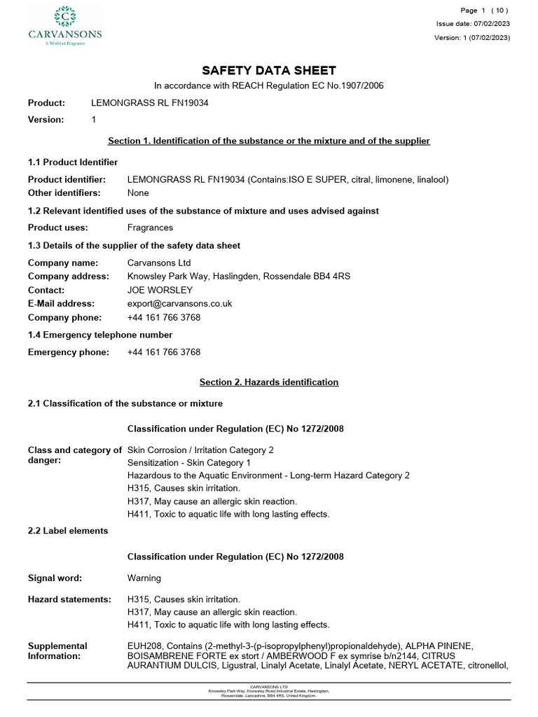 CLP Safety Data Sheet FN0019034 PDF Toxicity Hazards