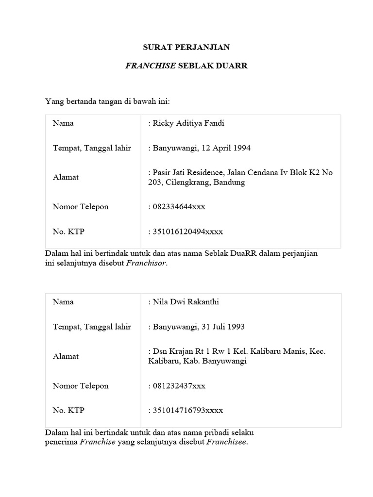 Perjanjian Franchise Seblak DuaRR | PDF | Hukum