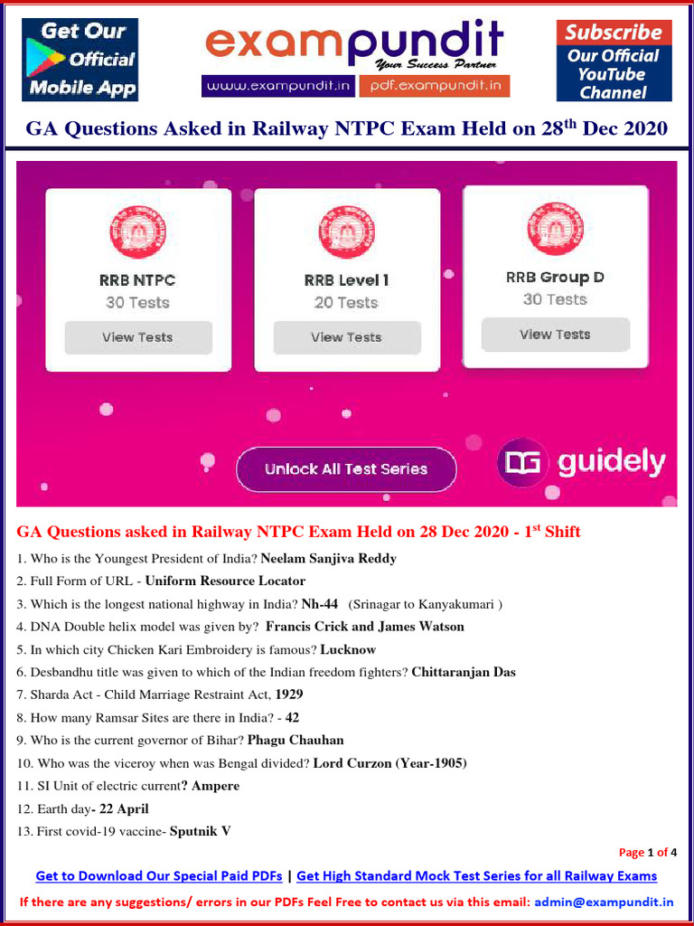 Questions Asked in RRB NTPC 28 Dec 2020 All Shift | PDF | Science ...
