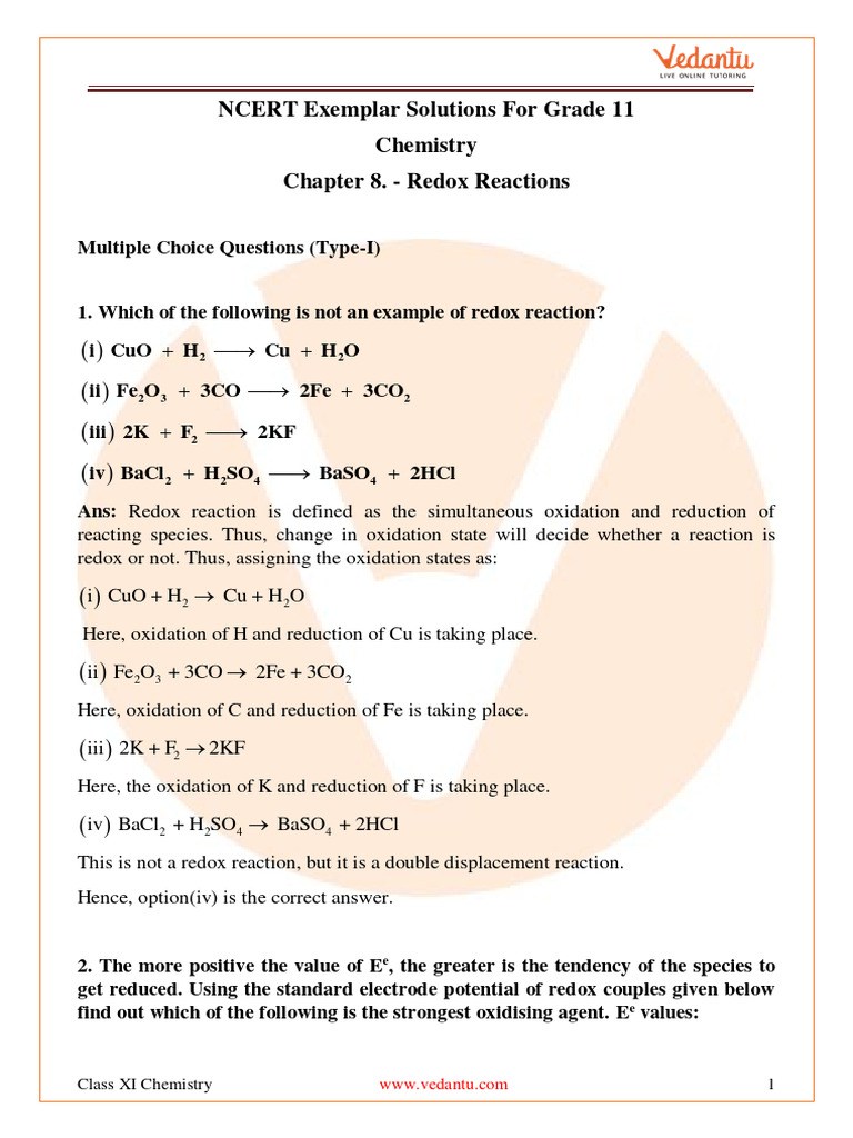 NCERT Exemplar For Class 11 Chemistry Chapter 8 - Redox Reactions (Book ...