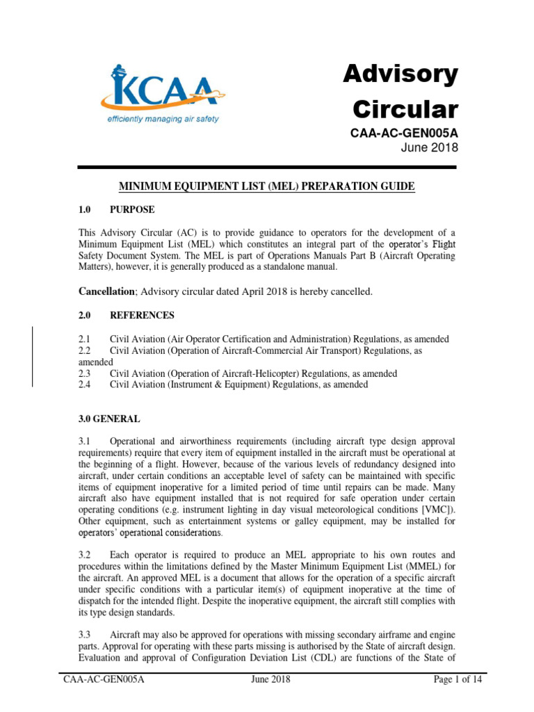 CaaAcGen005a Minimum Equipment List PDF Instrument Flight Rules Aerospace
