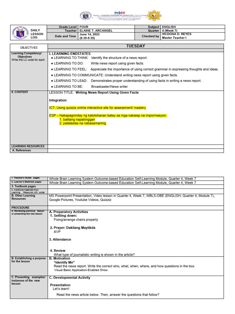 News Report Writing Lesson Plan | PDF | Learning | News