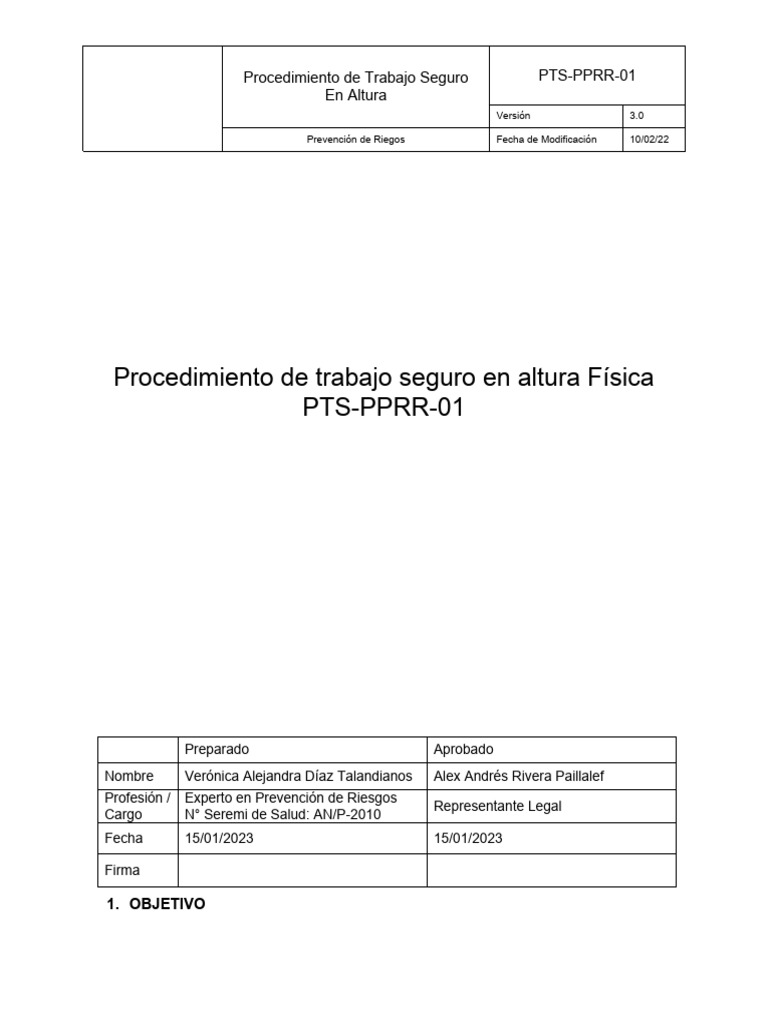 PTS-PPRR-01 Procedimiento de trabajo seguro en altura | PDF | Seguridad ...