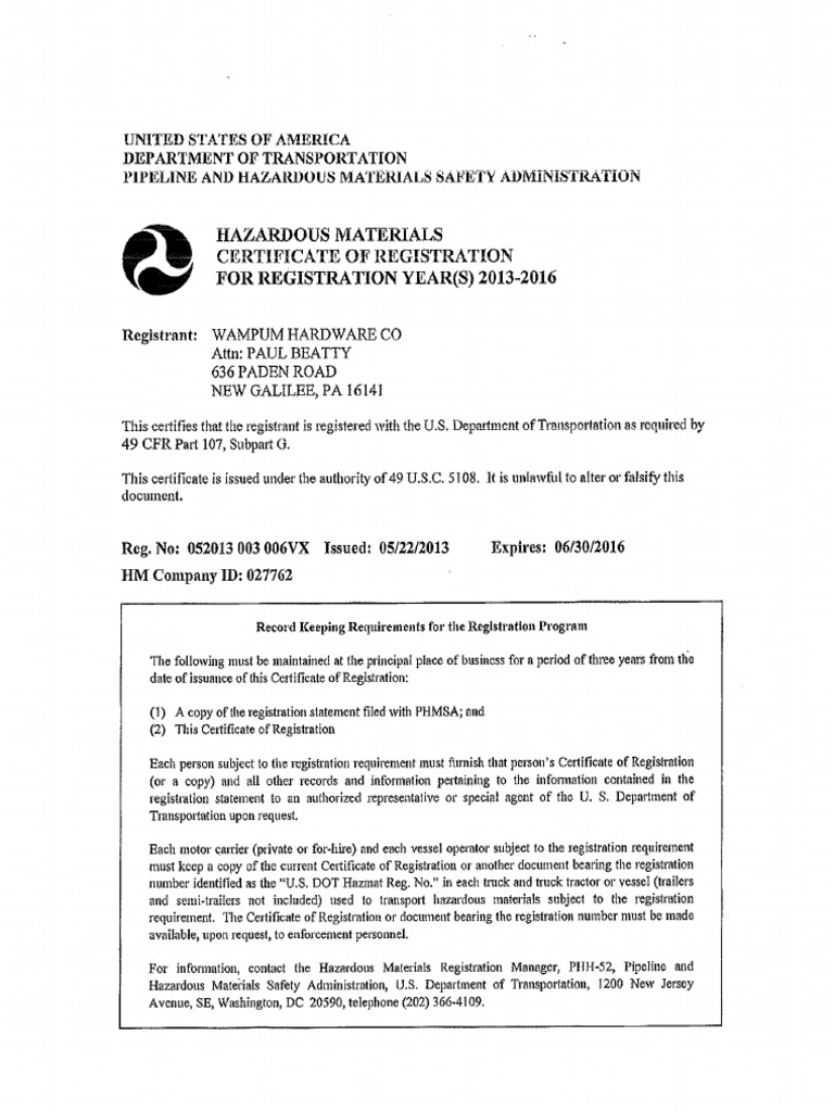 2013 2016 Hazardous Materials Certificate PDF